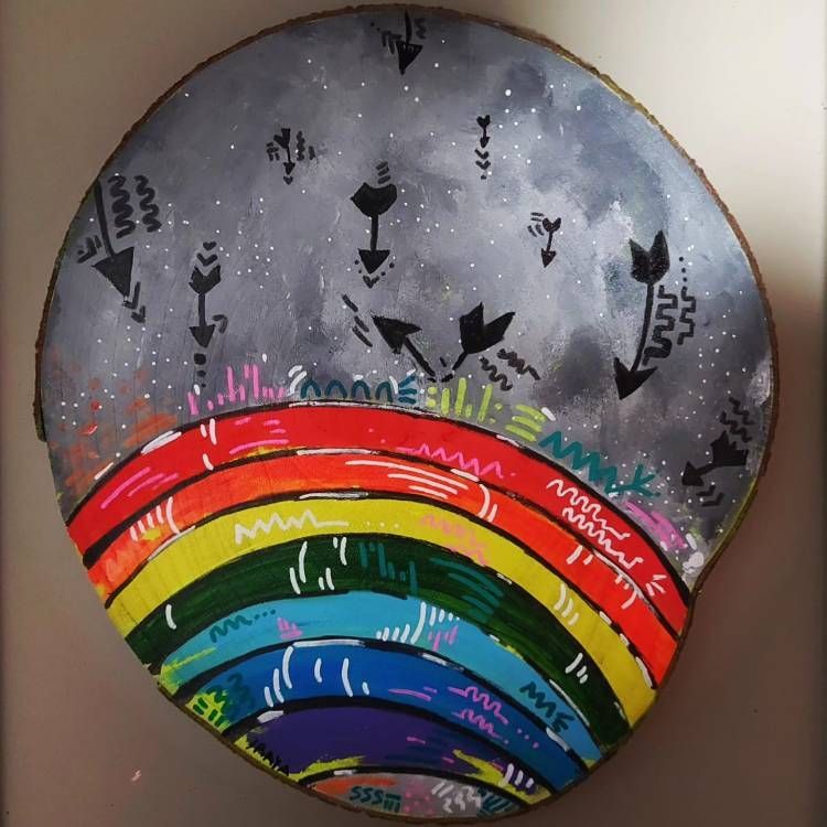 El pueblo salva al pueblo, Iraya, 2024. Acrylic on irregular wood panel.