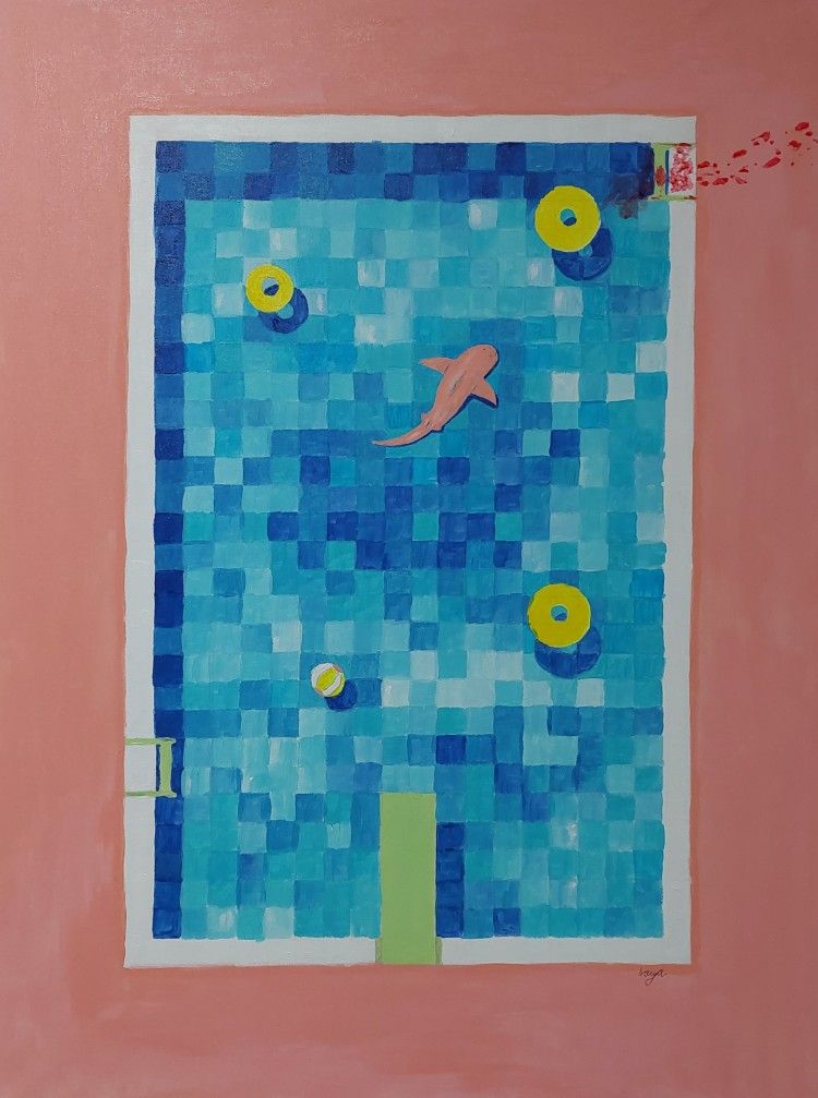 Los tiburones solo atacan si se sienten amenazados, Iraya, 2023. Acrylic on canvas.